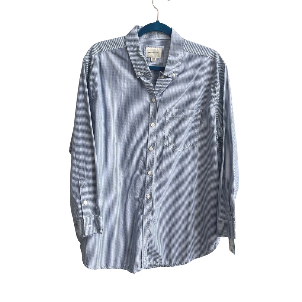 American Eagle Button Down Mens Small Blue Striped Preppy Cotton Long Sleeve